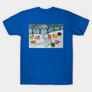 Quirky Colourful Sheep in the Snow T-Shirt